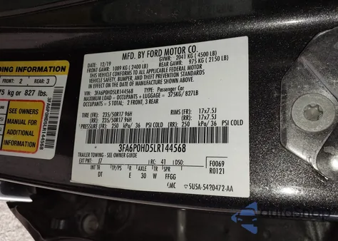 2020 Ford Fusion Se from USA, damaged, VIN 3FA6P0HD5LR144568